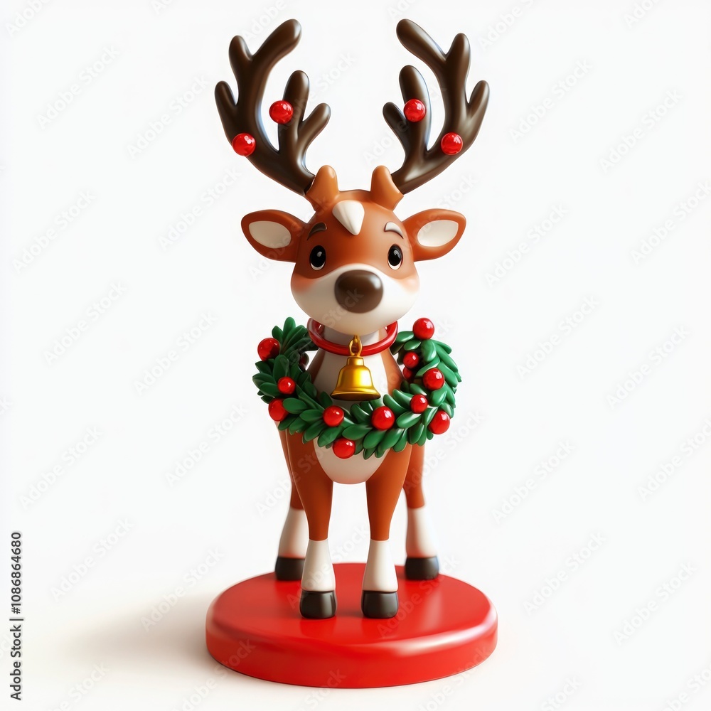 Naklejka premium Adorable 3D Rendered Christmas Reindeer with Wreath and Bell