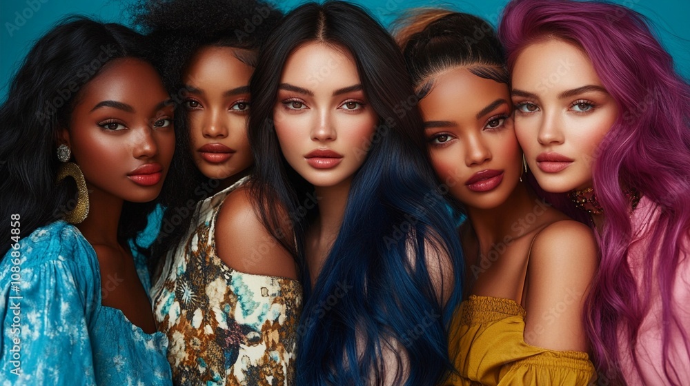Diverse group of five women with vibrant hair colors and makeup showcase beauty in multicultural portrait against teal background. Diverse group of five women with vibrant hair colors and makeup showcase beauty in multicultural portrait against teal background.