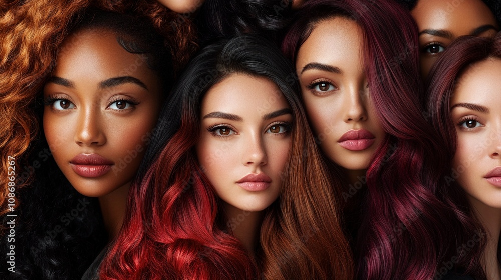 Diverse beauty captured in a striking portrait of four women with vibrant hair colors, showcasing rich skin tones and captivating facial features. Diverse beauty captured in a striking portrait of four women with vibrant hair colors, showcasing rich skin tones and captivating facial features.