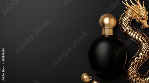 Minimalist black, gold ad with dragon around luxury perfume bottle, symbolizing elegance, mystique