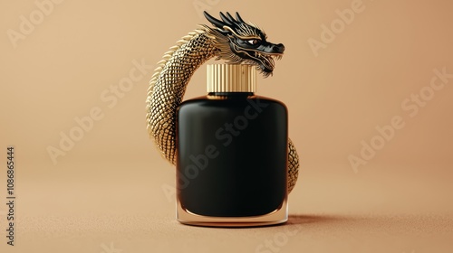 Minimalist black and gold ad with dragon around high-end perfume bottle, symbolizing elegance and mystique