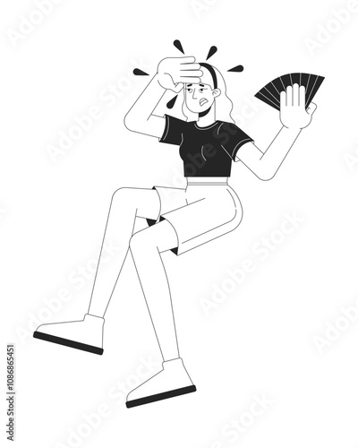 Young caucasian woman suffering from heatwave black and white 2D line character. Upset female with hand fan swiping sweat isolated vector outline person. Monochromatic spot illustration