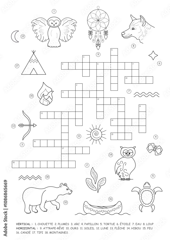 Fototapeta premium Crossword Puzzle. Native American. French language.