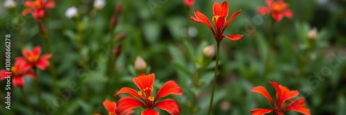 Vibrant red crocosmia flower blooming in a garden, growth, crocosmia photo