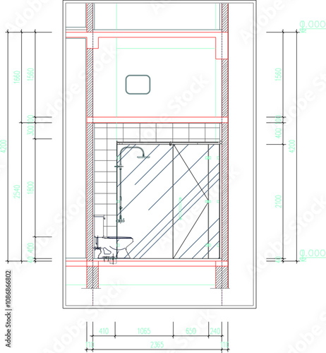 Vector sketch illustration of the silhouette of a bathroom architectural engineering drawing design with a size scale