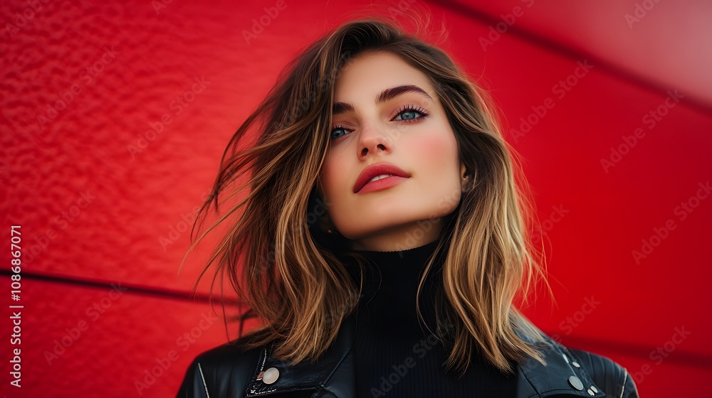 Naklejka premium Portrait of a confident young woman with wavy hair against a bold red backdrop.