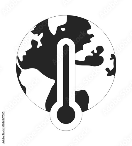 Earth globe with thermometer black and white 2D line object. Global warming crisis. Greenhouse effect on planet environment isolated clip art vector outline item. Monochromatic spot illustration