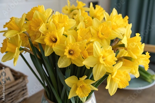 vibrant yellow daffodils in a loose bunch, paper background, bright colors, informal bouquet, delicate edges, happy blooms