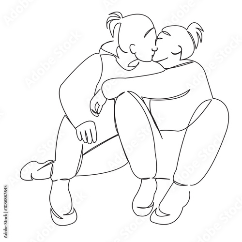One continuous single drawing line art flat doodle female, girl, love, beautiful, two, woman, couple, sexy. Isolated image hand draw contour on a white background
