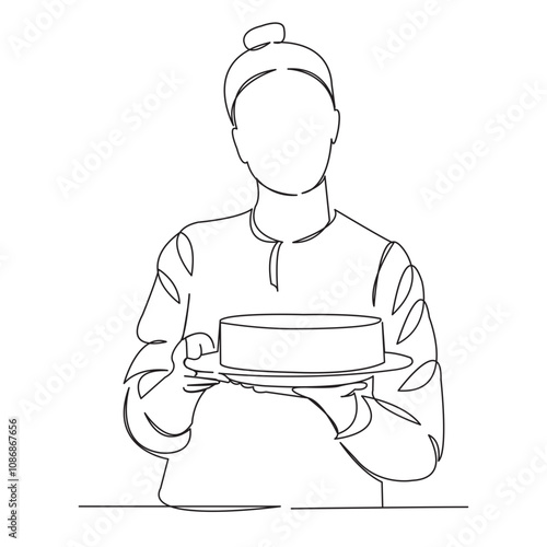 One continuous single drawing line art flat doodle cake, woman, cook, food, female. Isolated image hand draw contour on a white background
