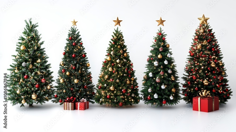 Fototapeta premium Festive Christmas Trees Isolated on a Pure White Background.Concept of Christmas, holiday season, winter, festivity, tradition, and joy，Christmas decorations, retail, e-commerce, greeting cards, and h