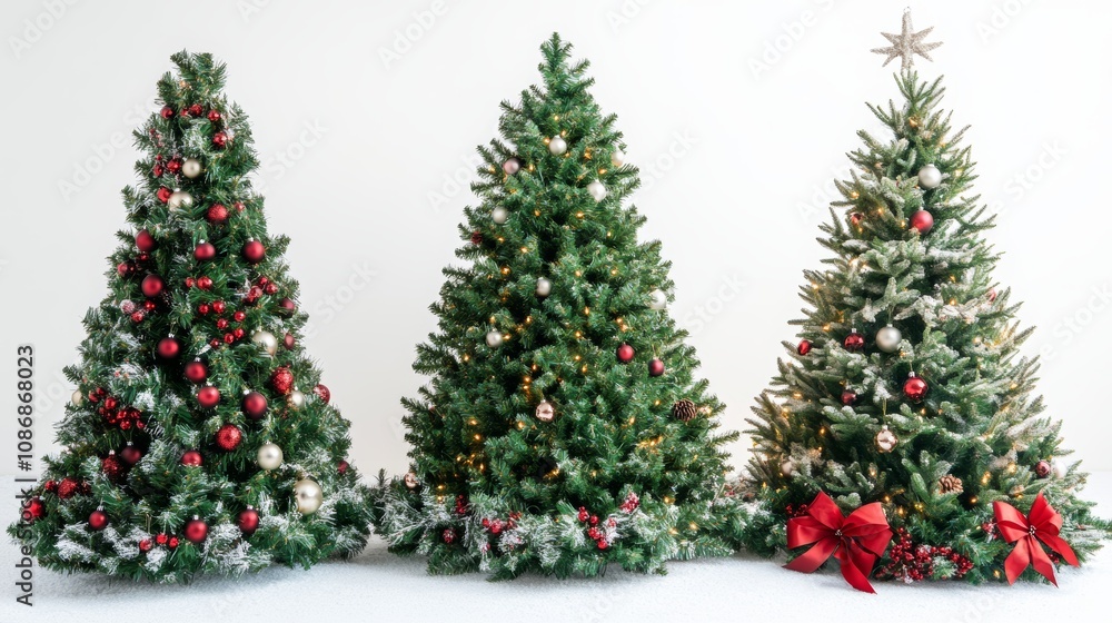 Festive Christmas Trees Isolated on a Pure White Background.Concept of Christmas, holiday season, winter, festivity, tradition, and joy,Christmas decorations, retail, e-commerce, greeting cards, and h Festive Christmas Trees Isolated on a Pure White Background.Concept of Christmas, holiday season, winter, festivity, tradition, and joy,Christmas decorations, retail, e-commerce, greeting cards, and h