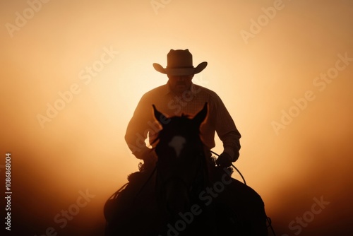 Cowboy riding horse at sunset in wild west