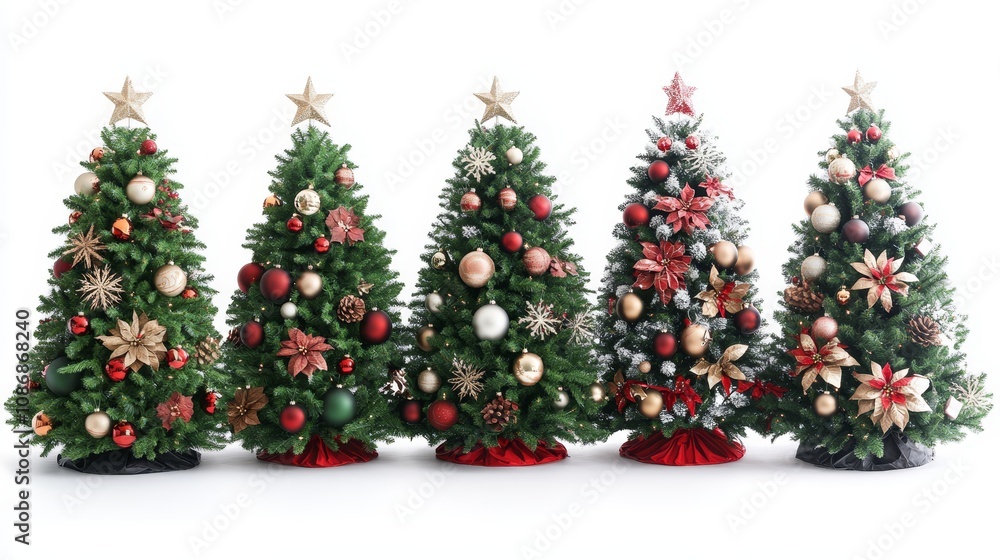 Festive Christmas Trees Isolated on a Pure White Background.Concept of Christmas, holiday season, winter, festivity, tradition, and joy,Christmas decorations, retail, e-commerce, greeting cards, and h Festive Christmas Trees Isolated on a Pure White Background.Concept of Christmas, holiday season, winter, festivity, tradition, and joy,Christmas decorations, retail, e-commerce, greeting cards, and h