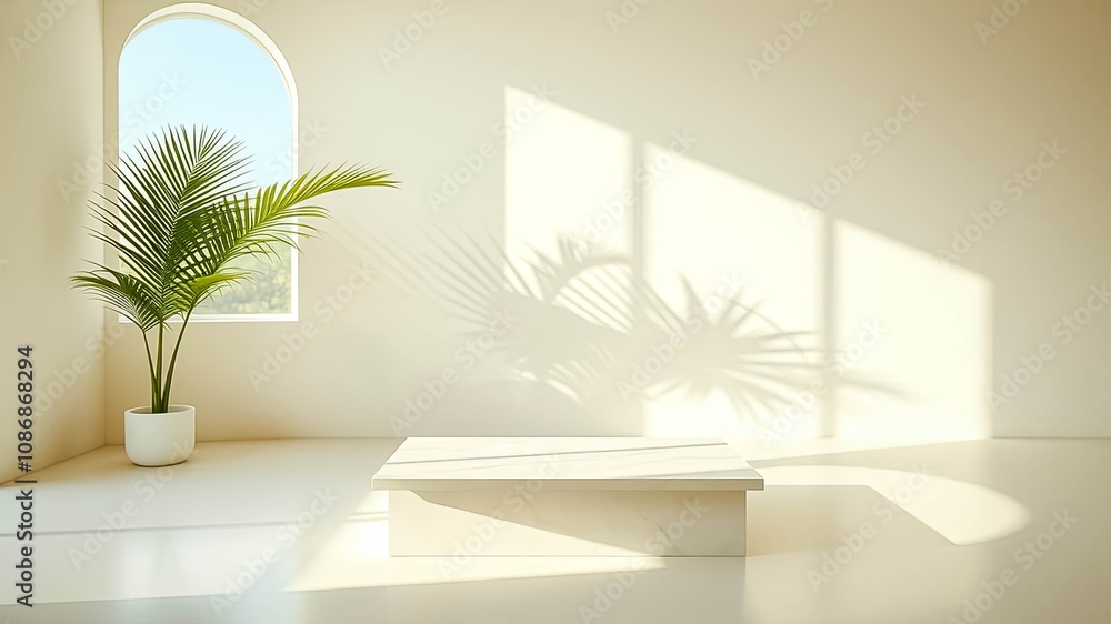 Minimalist interior design with a white marble platform and a leafy plant casting a shadow on the wall Minimalist interior design with a white marble platform and a leafy plant casting a shadow on the wall