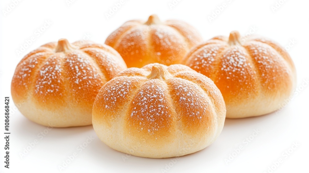 Freshly baked pumpkin-shaped buns, realistic texture, on white Freshly baked pumpkin-shaped buns, realistic texture, on white