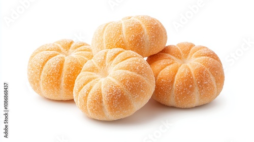 Freshly baked pumpkin-shaped buns, realistic texture, on white