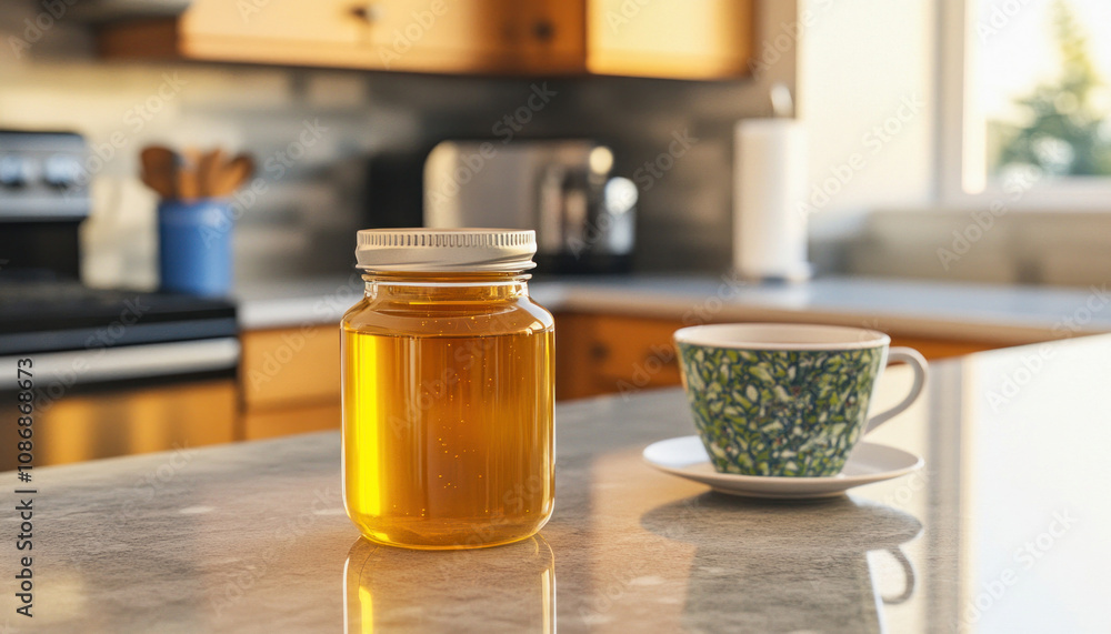 Honey jar and teacup sitting on kitchen counter in morning light Honey jar and teacup sitting on kitchen counter in morning light