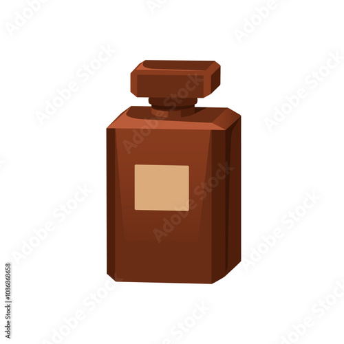 Perfume bottle with elegant scent, rich fragrance. Luxury fragrant cosmetic product. Glass jar, flask, vial for toilet water, premium perfumery. Flat vector illustration isolated on white background