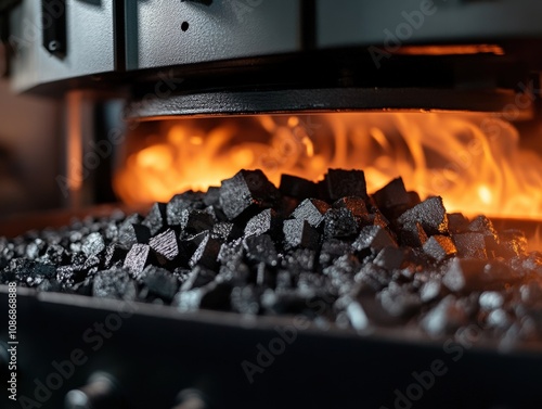 Coal to Liquid Technology Close-up of Burning Coal Briquettes in a High-Efficiency Converter, Showcasing the Transformation Process of Solid Fuel into Liquid Energy