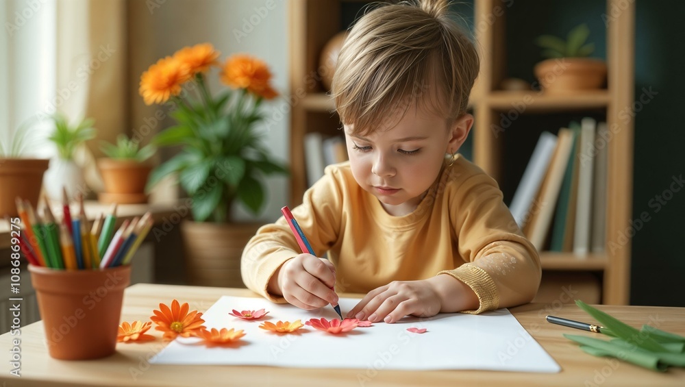 Boy making decorations or greeting card. Paper strips, flower, scissors. Handmade crafts on holiday: Birthday, Mother's or Father's Day, March 8, Wedding. Children's DIY concept. Boy making decorations or greeting card. Paper strips, flower, scissors. Handmade crafts on holiday: Birthday, Mother's or Father's Day, March 8, Wedding. Children's DIY concept.