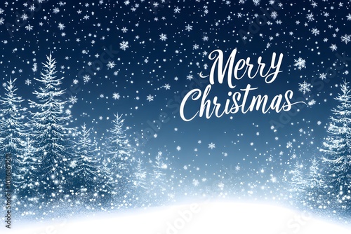 Merry Christmas greeting card. Merry Christmas phrase and white snowflakes on dark background. illustration.