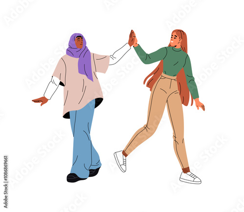 Diverse happy girls, teen woman and muslim in hijab hold hands. Interracial friends have fun, walk together. Concept of international friendship, sisterhood. Flat isolated vector illustration on white