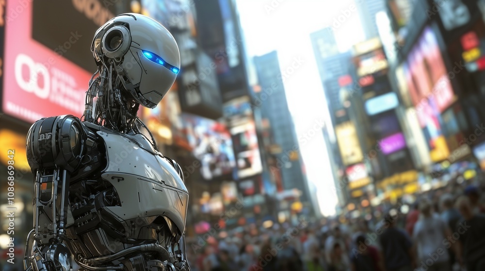 A robot is standing in front of a crowd in a busy city A robot is standing in front of a crowd in a busy city