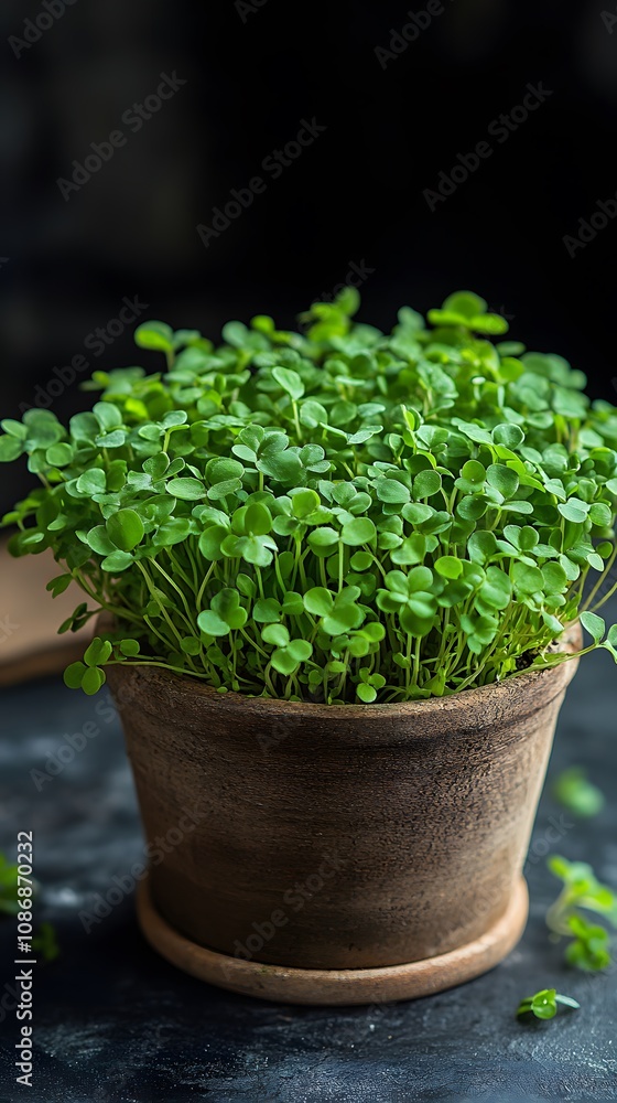 Vibrant green microgreens in a rustic brown pot Vibrant green microgreens in a rustic brown pot