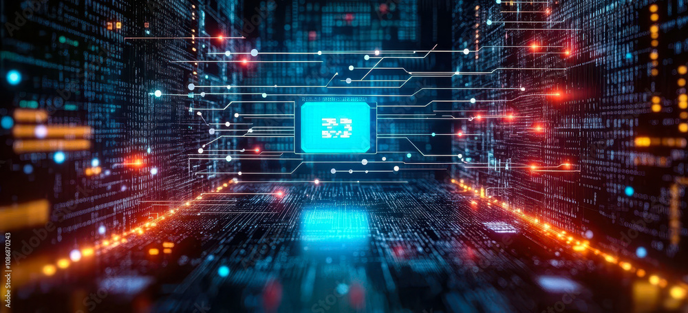 Fototapeta premium Futuristic Digital Data Network with Glowing Circuit Board in Cyberspace Environment