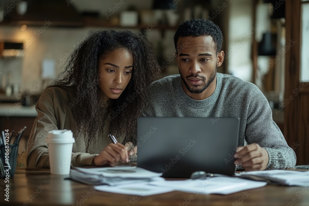 Couple working together in a home workspace. Couple working together in a home workspace.