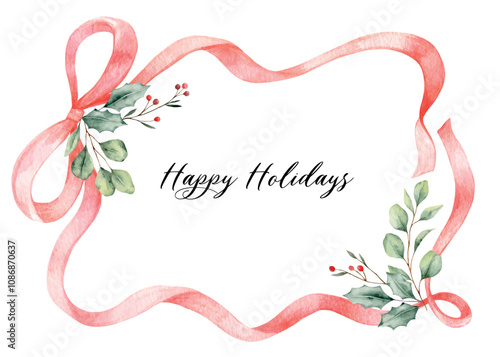 Watercolor vector red frame with ribbons, a bow and eucalyptus branches. Borders for holiday greeting card and invitation. Watercolour Illustration. Hand painted winter plants. Xmas template.