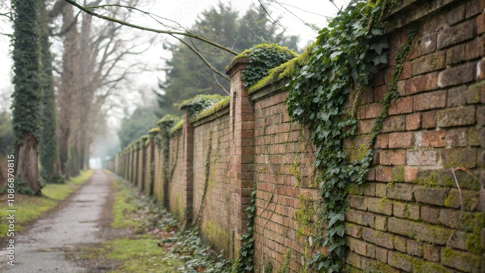 Weathered brick wall with vines and moss, landscape, brick texture Weathered brick wall with vines and moss, landscape, brick texture