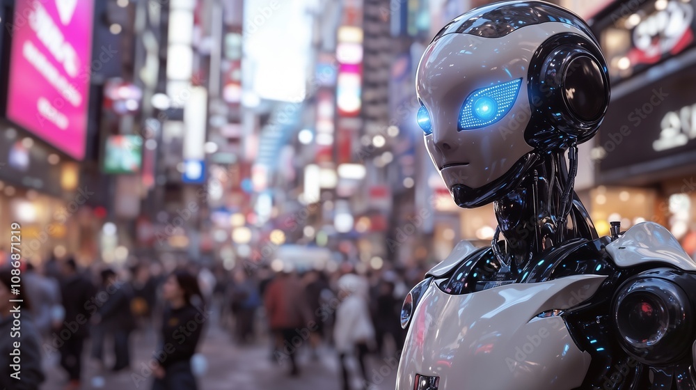 A robot with striking blue eyes stands in a crowded city street A robot with striking blue eyes stands in a crowded city street