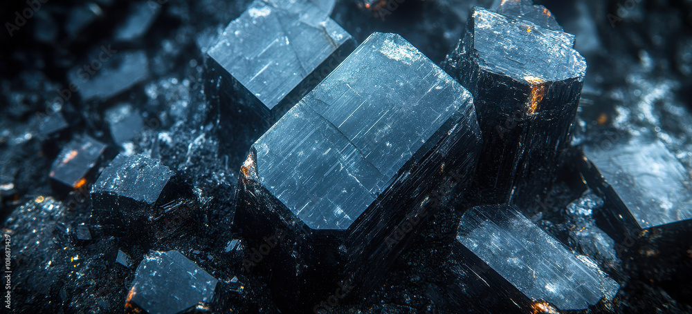 Macro View of Schorl Black Tourmaline Crystals with Textured Details on Dark Background Macro View of Schorl Black Tourmaline Crystals with Textured Details on Dark Background