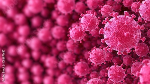 3D Virus Disease: Smallpox, Close-up of pink viruses on a blurred background, illustrating microscopic details and structure. photo