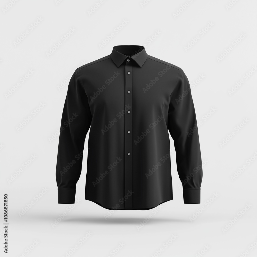 Black long sleeve dress shirt, front view mockup on white background Black long sleeve dress shirt, front view mockup on white background