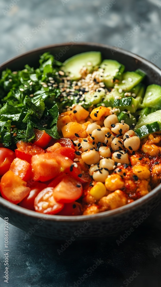 Vibrant vegetarian bowl featuring fresh greens, chickpeas, and cherry tomatoes. Vibrant vegetarian bowl featuring fresh greens, chickpeas, and cherry tomatoes.