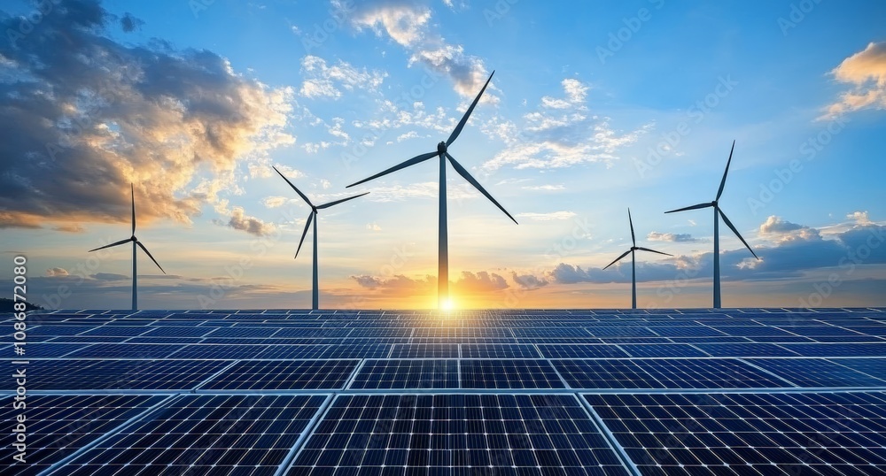 Renewable Energy Panorama with Wind Turbines and Solar Panels at Sunset in Urban Smart Grid Environment Renewable Energy Panorama with Wind Turbines and Solar Panels at Sunset in Urban Smart Grid Environment