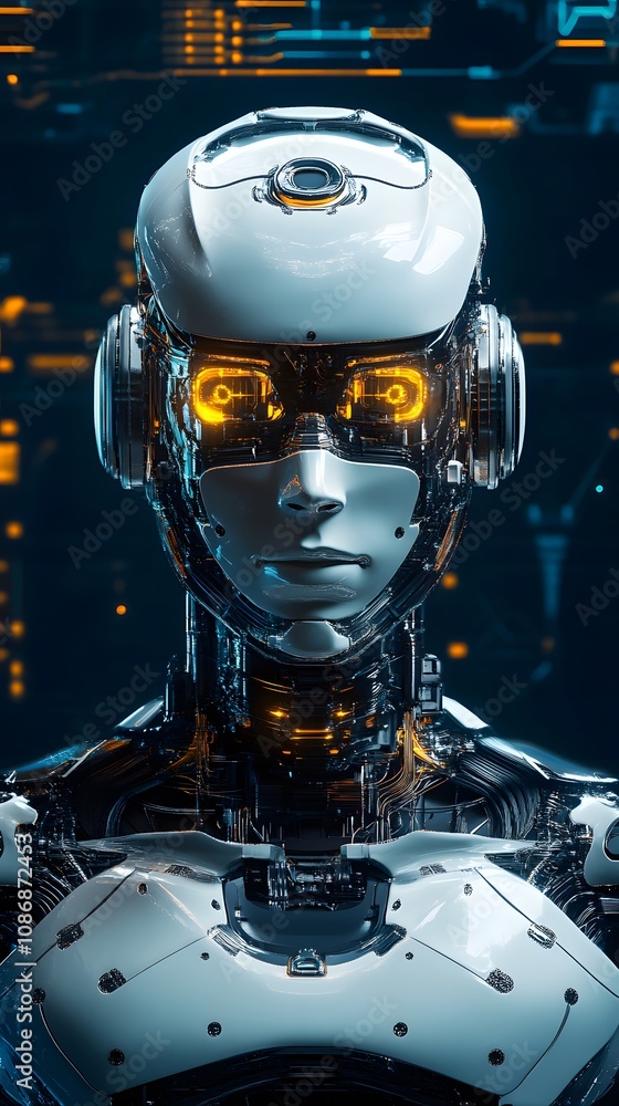 Fototapeta premium Futuristic robot with glowing eyes and intricate metallic features.