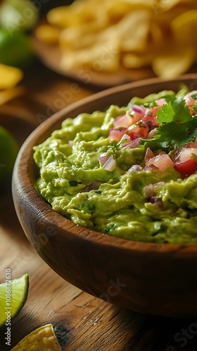 Fresh guacamole with tomatoes and onions, served in a wooden bowl.