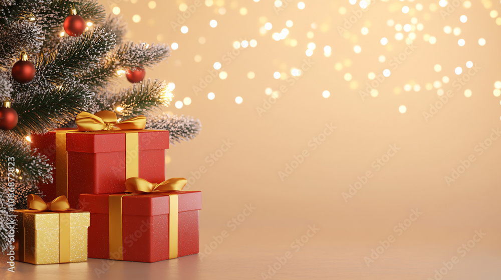 Groups of Christmas presents and balls against the backdrop of a festive Christmas tree with colored festive lights
Groups of Christmas presents and balls against the backdrop of a festive Christmas tree with colored festive lights
