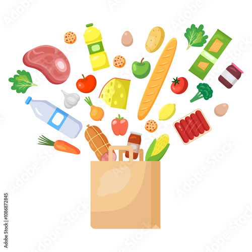 Products falling in paper shopping bag. Supermarket grocery cart with different groceries. Vector illustration in flat style, design template