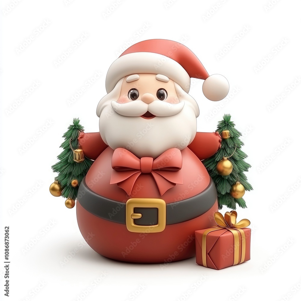 Cheerful 3D Render of Santa Claus with Christmas Trees and Gift Cheerful 3D Render of Santa Claus with Christmas Trees and Gift