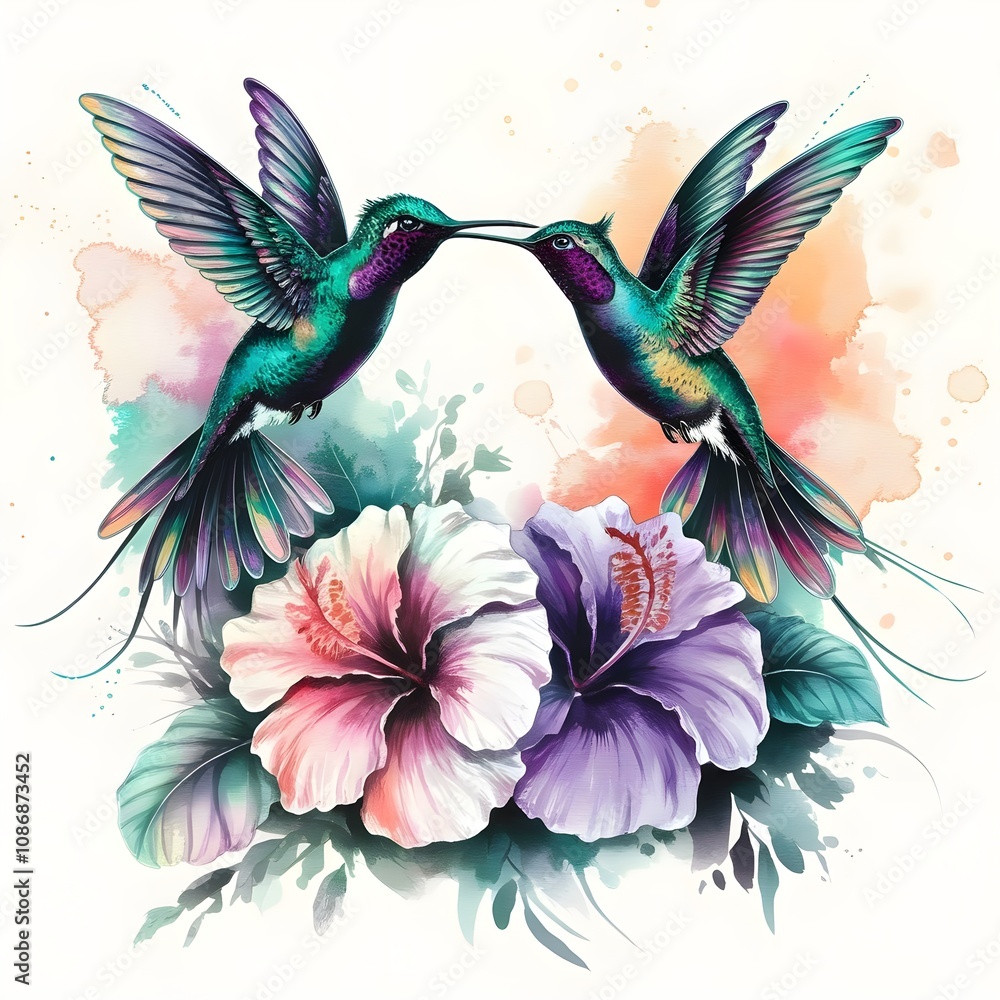 Obraz premium Stunning illustration featuring two elegant hummingbirds with intricate wings