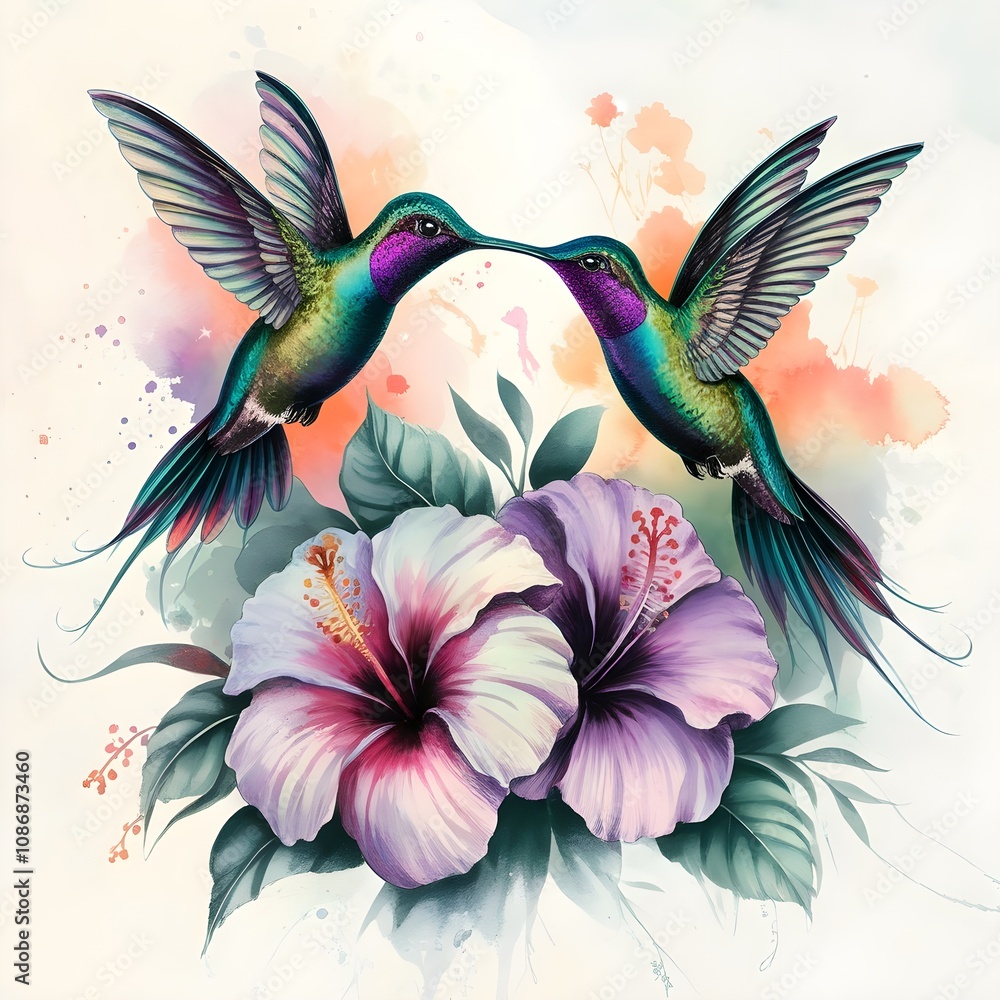 Obraz premium Stunning illustration featuring two elegant hummingbirds with intricate wings