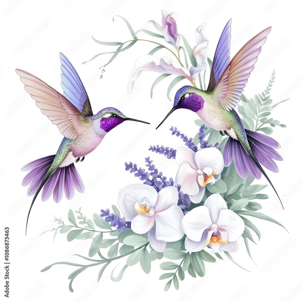 Obraz premium Stunning illustration featuring two elegant hummingbirds with intricate wings