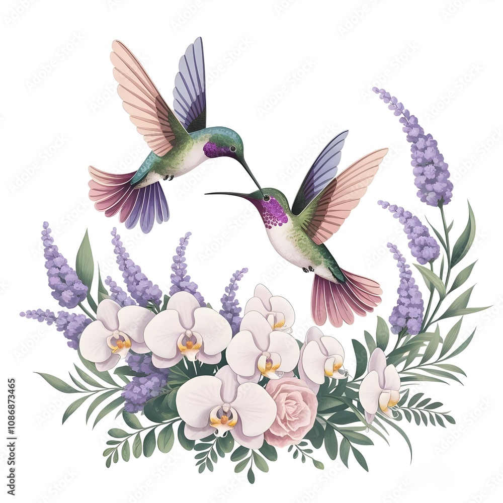 Obraz premium Stunning illustration featuring two elegant hummingbirds with intricate wings