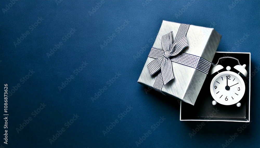 A top view of an open gift box on a blue background, with an alarm clock inside, symbolizing the concept of time and a limited-time offer A top view of an open gift box on a blue background, with an alarm clock inside, symbolizing the concept of time and a limited-time offer