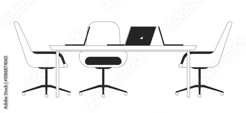 Office desk with laptops and chairs black and white 2D line object. Comfortable furniture and computers for corporate coworking isolated clip art vector outline item. Monochromatic spot illustration